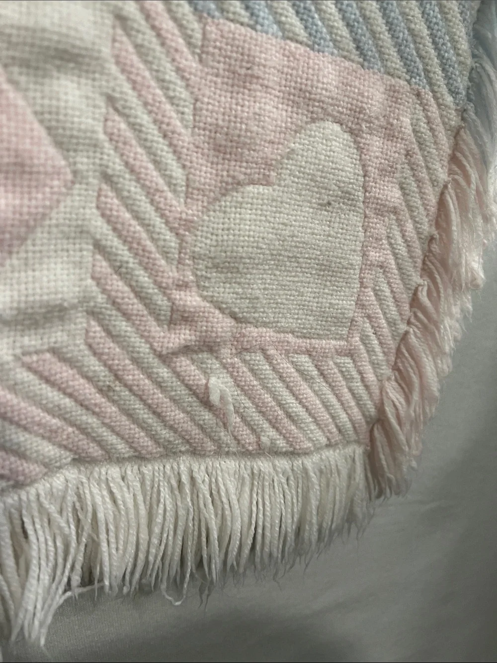 Vtg Pastel Woven Tapestry Baby Blanket Fringe Heart Bunny Bear ABC